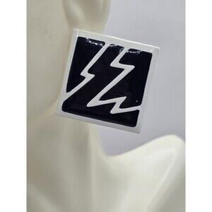 VTG White Lightning Bolt on Black Suare 80s Retro Metal Pierced Earrings 2"